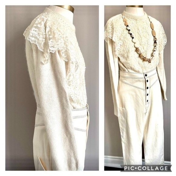 Vintage 80s Ivory Silk Angora Lace Pearl Bib Victorian Sweater - Small - Picture 6 of 8
